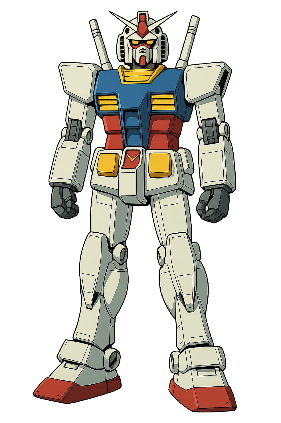Gundam robot, front-facing, arms at sides, no action pose, classic anime style, white, blue, red, and yellow, no background emoji