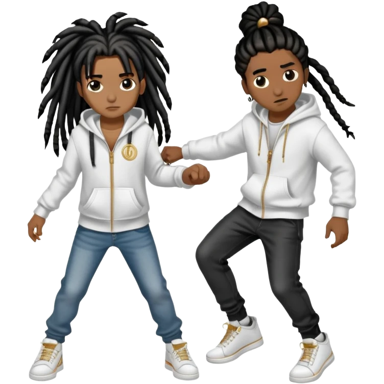 brownskin boy with black  dreads wearing white hoodie with grey jeans and white shoes and a gold circle chain beating up a darkskin girl with 8 long black french braids with brown highlights wearing black zip up and black jeans with black and white shoes. emoji
