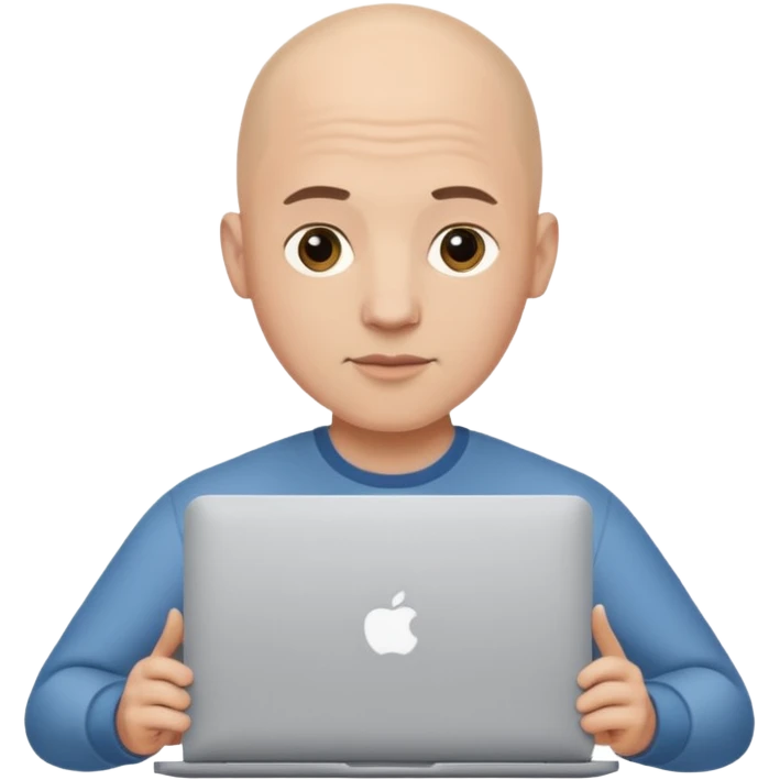 bald yong guy with macbook  no wringle on face emoji