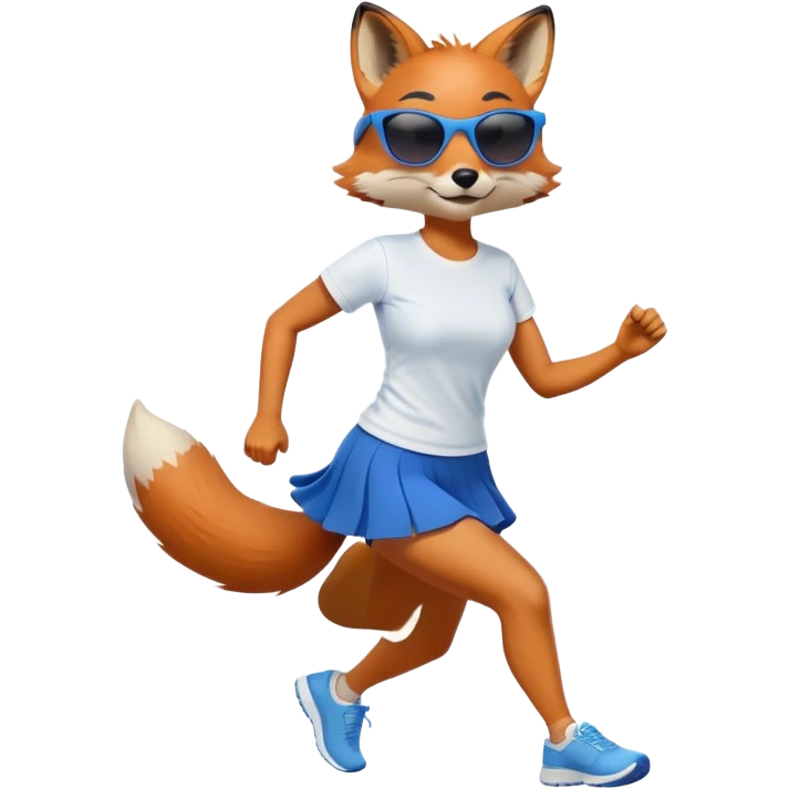 friendly anthropomorphised female fox in skirt and t-shirt, wearing dark sunglasses, jogging upright in relaxed pose emoji