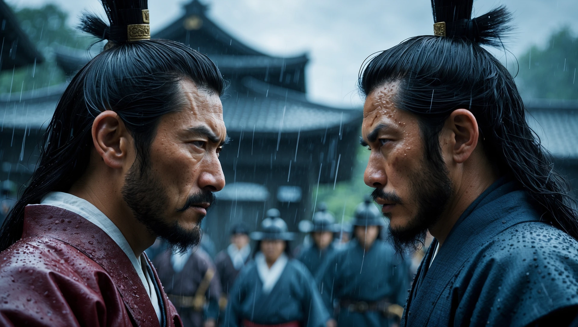 A cinematic scane from 1185, Wide shot of a two japan samurai face to face ready to fight during rain, deph composition, tense atmosphere, captured by by arri alexa, film directed by wes anderson emoji