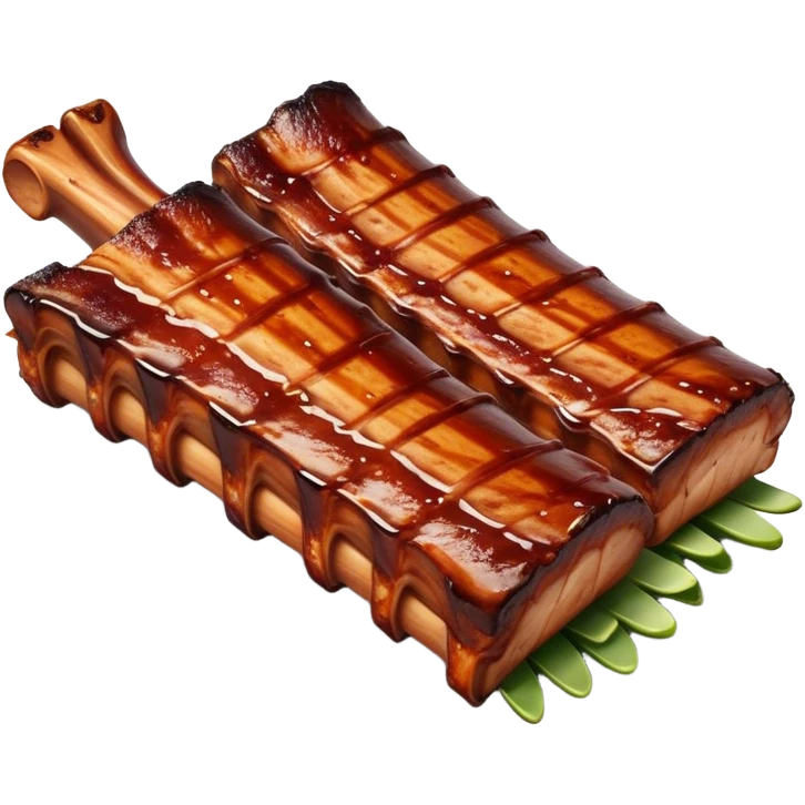 Cinematic Realistic Barbeque Ribs Dish Emoji, depicted as succulent, slow-cooked ribs with a sticky smoky glaze rendered with rich textures and dynamic, appetizing lighting. emoji