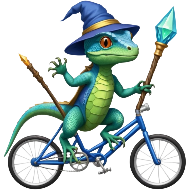 Lizard with wizard hat and wand attacking a blue lizard while on the bike emoji