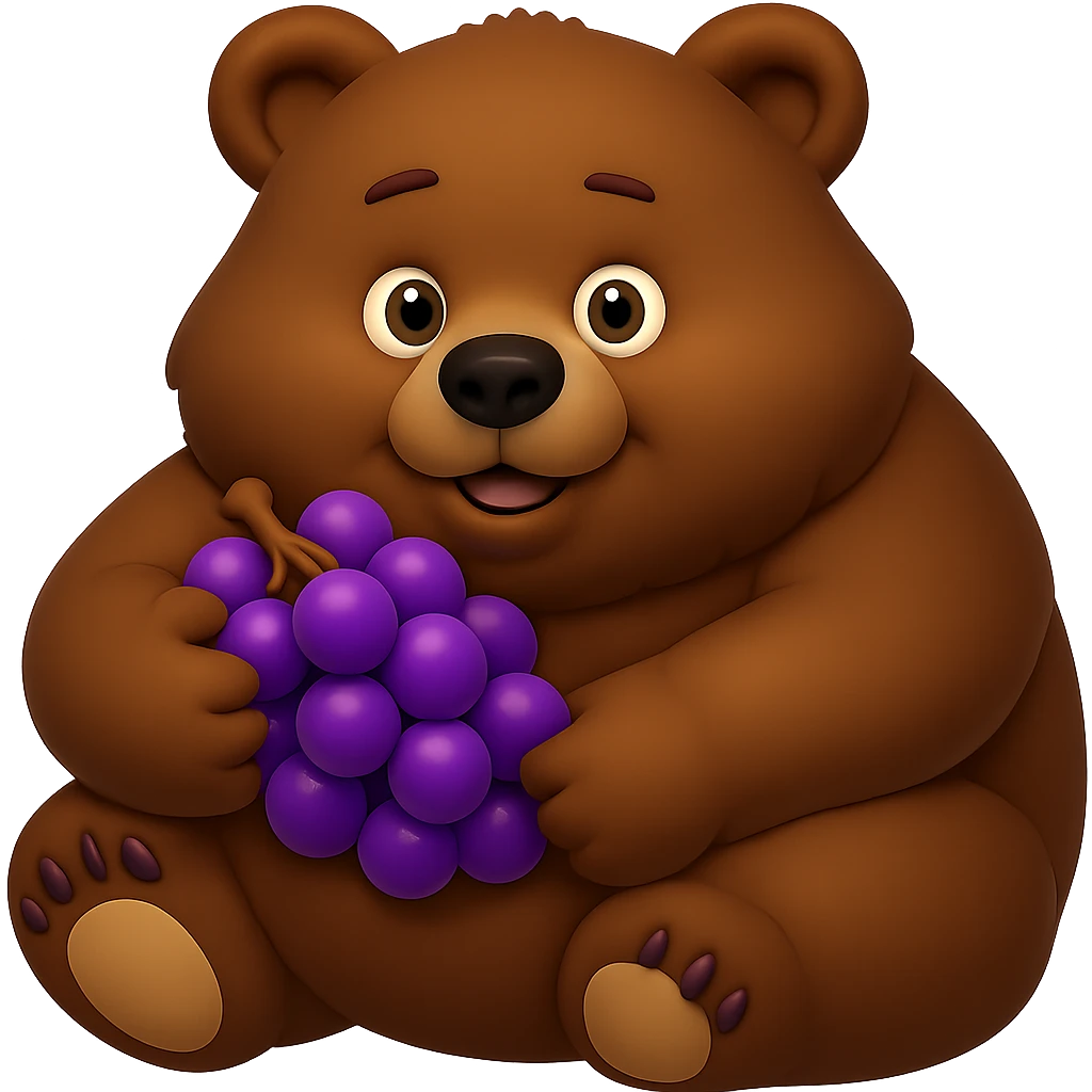 Make the grapes purple and the bear more chunky, keep no background. The style should be consistent with the original image's look. emoji