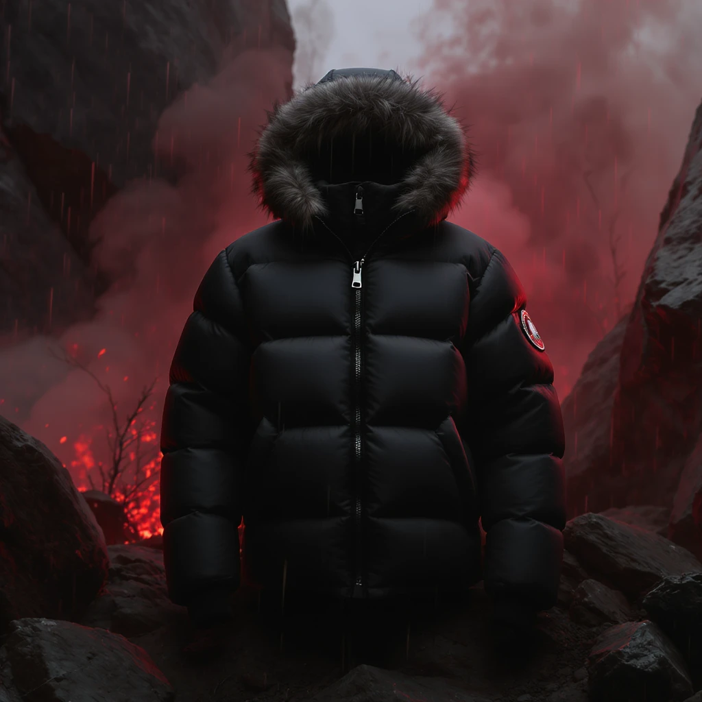 cinematic still of a front black puffer jacket around black stone with red coal temeperature environment, back red light emoji
