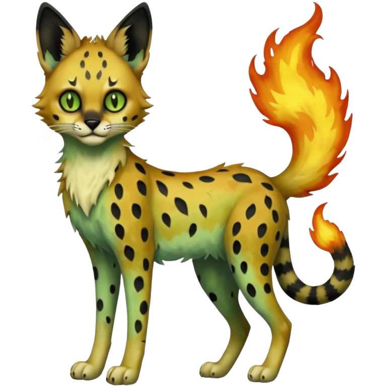 Ghostly flamey spectral Dark-deep-blackish-Greenish Zombie-serval, full body emoji