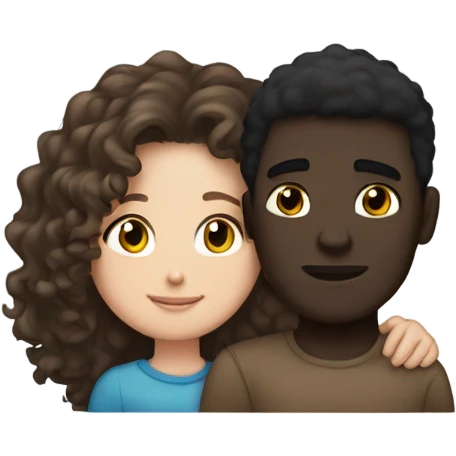 Curly white girl with brown hair hugging a dark skin guy with short and black hair emoji