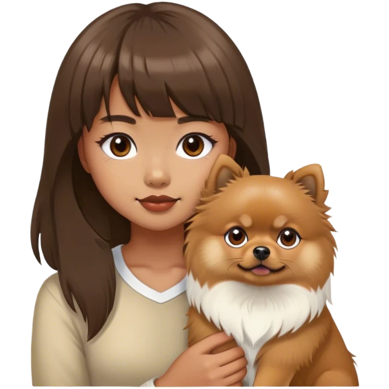 filipino girl with bangs and a brown pomeranian and a white tibetan spaniel  emoji