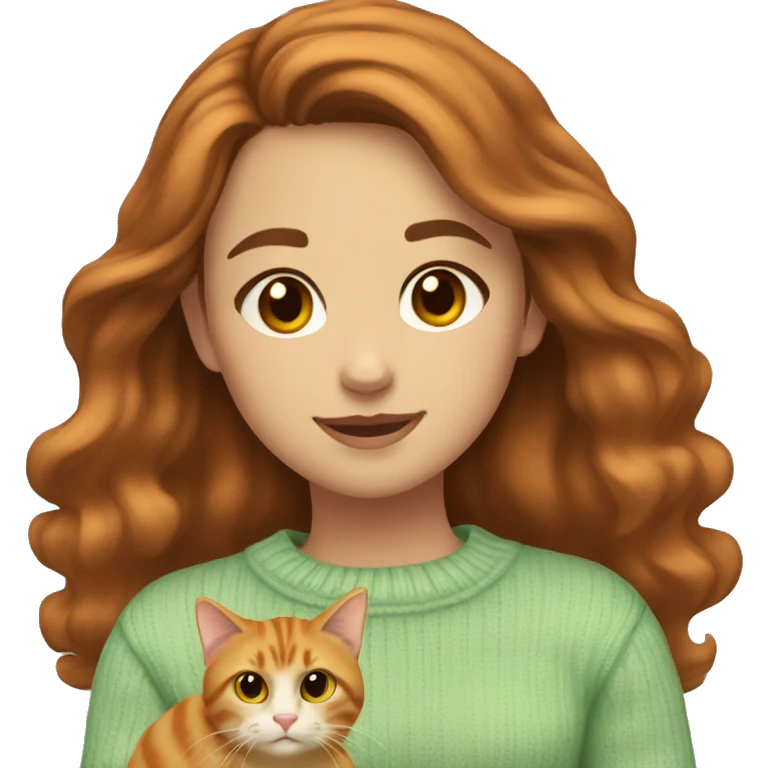  girl with wavy brown hair and brown eyes wearing pale green sweater holding an orange tabby cat emoji