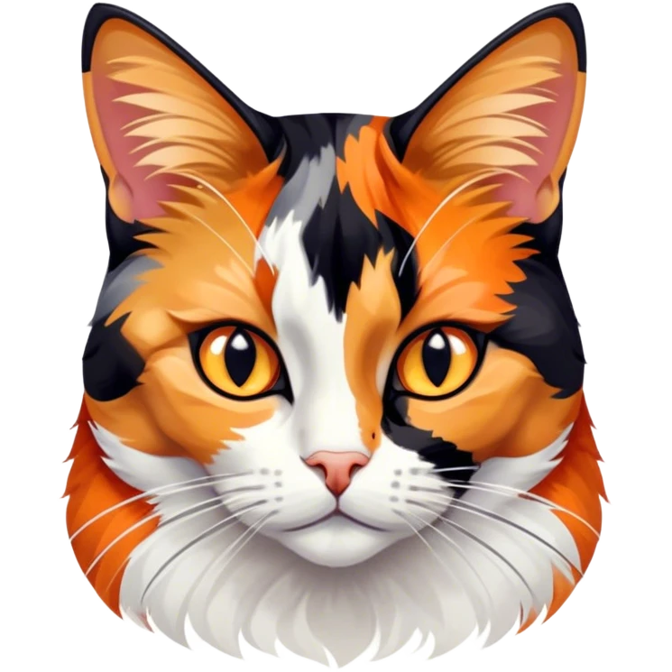 Cinematic Noble Calico Cat Portrait Emoji, Poised and regal, with a striking patchwork fur in vibrant orange, black, and white hues, delicate whiskers and a refined, focused gaze, simplified yet exquisitely detailed, glowing with a soft, moonlit radiance and an air of aristocratic elegance, high shine, exuding dignified intelligence and poised authority, soft glowing outline, capturing the essence of a watchful and noble calico cat that appears ready to grace the screen with effortless majesty! emoji