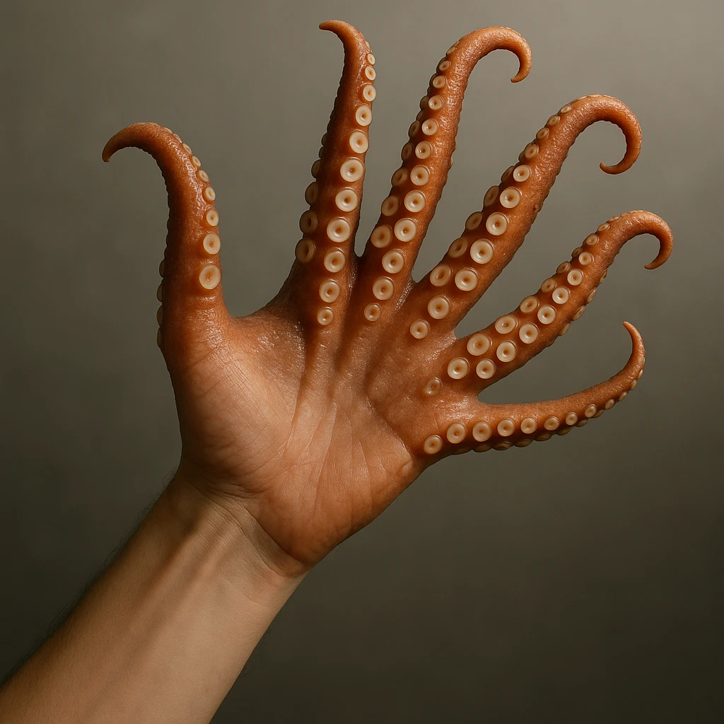 hand with tentacles instead of fingers, more realistic style emoji