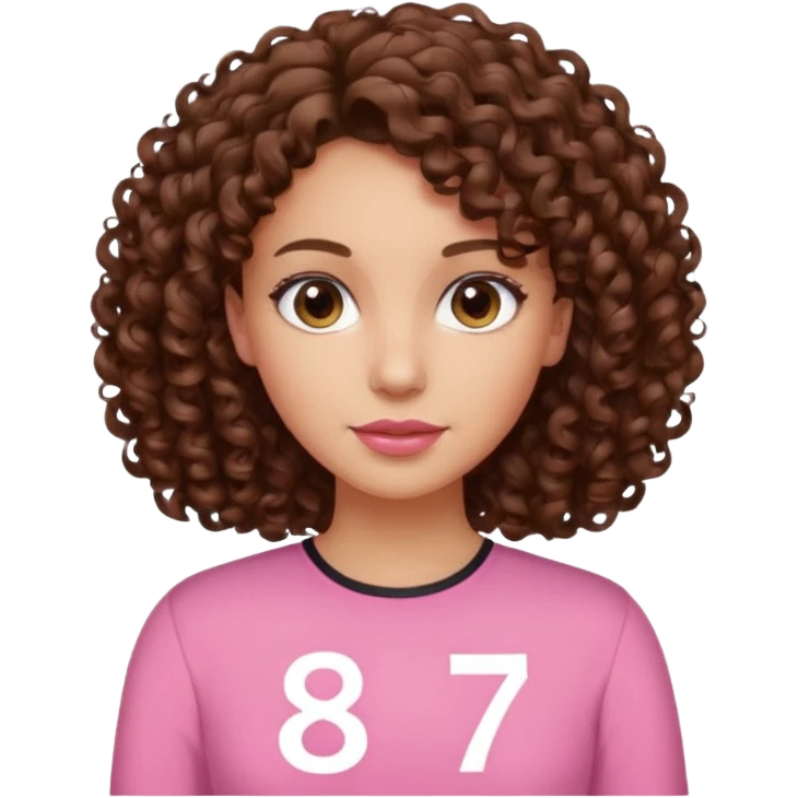 Curly hair Median, Brunette, wearing a pink blouse with *87* written on it. emoji