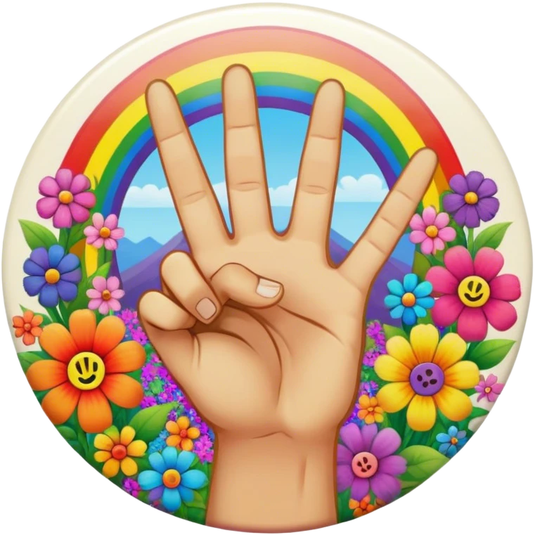 A round psychedelic colored button with a hand making the peace sign in the center surrounded by rainbow colored hippie style flowers emoji