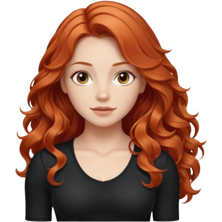 Athletic girl with long light red wavy hair and smaller boobs bigger arms not too big. middle part and black shirt emoji