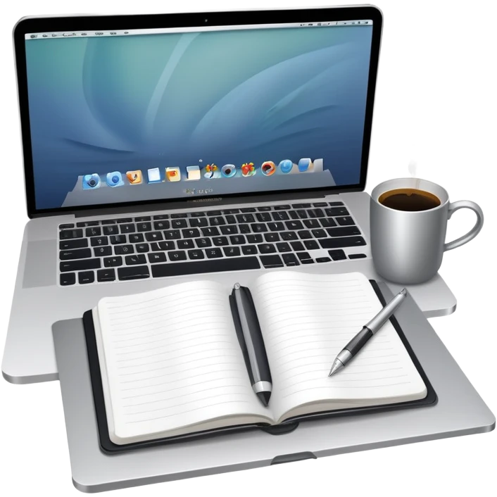 A Mac with a cofre next to it and a notebook and pen on the other side, all seen from above emoji