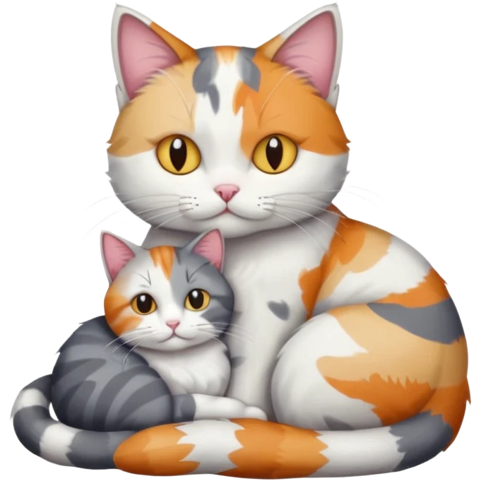 full body colourful light patched calico + white tabby cat cuddling a grey and white cat  emoji