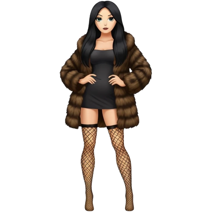 fur coat and fishnets legs, black long hair tanned woman, full body emoji