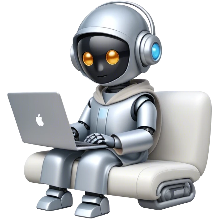 Emoji of a remote-working robot in a cozy smooth bathrobe with a laptop. The robot has a sleek helmet-like head with LED digital eyes. Relaxed yet high-tech vibe. emoji