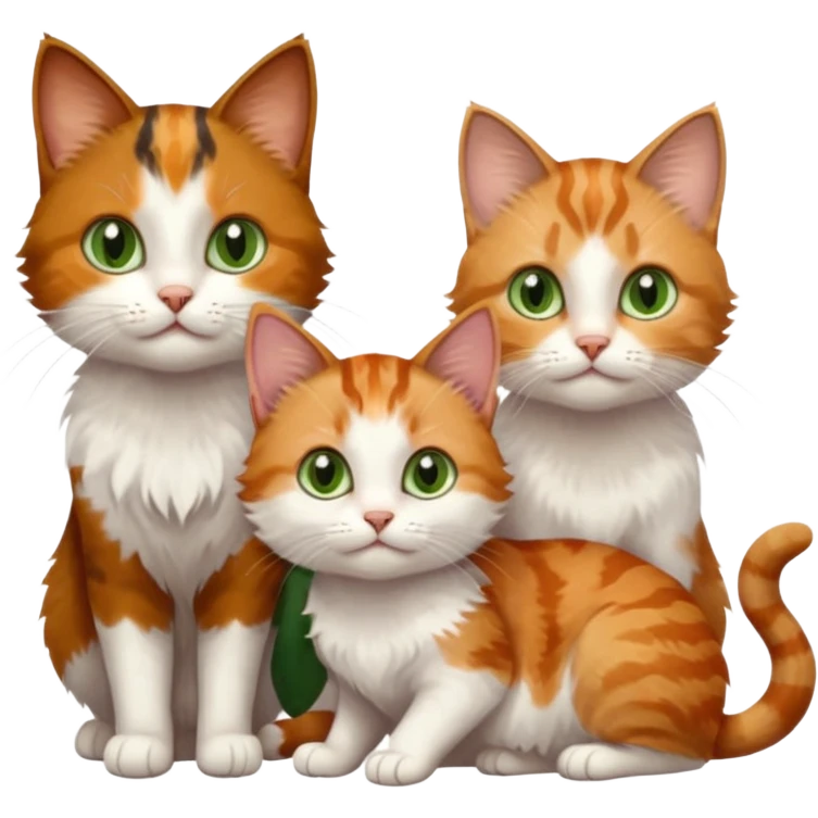 3 small cats each are different colours including a brown tabby and white, a patchy calico, and a ginger and white emoji
