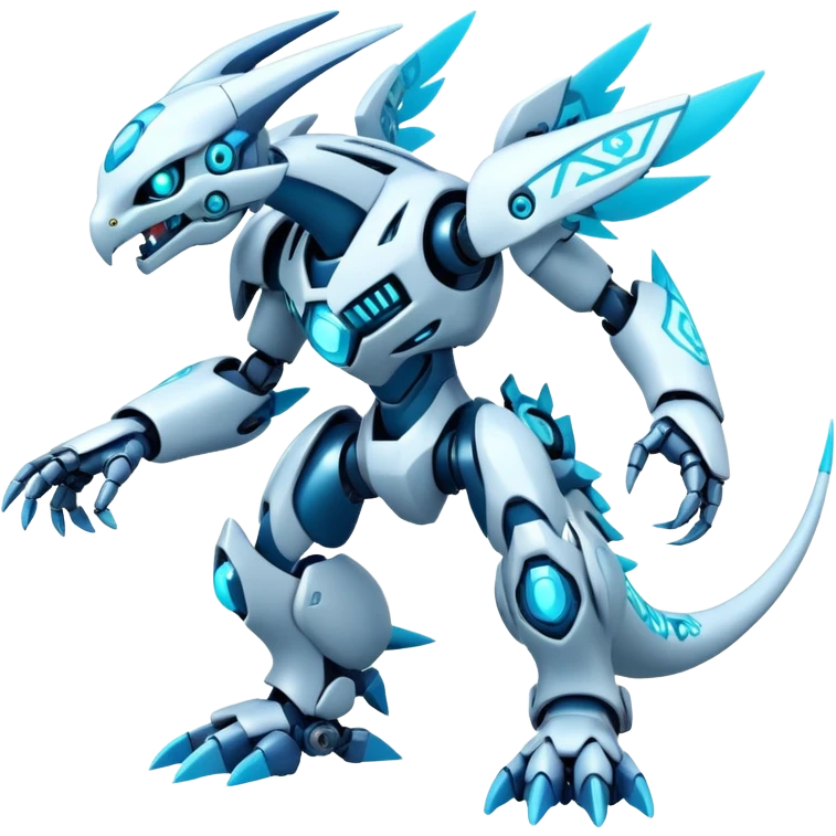Futuristic mechanical modern badass cool shiny white with glowing cyan-blue animal Digimon Fakémon hybrid full body with intricate patterns emoji
