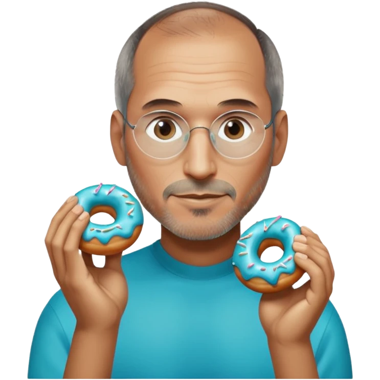Steve jobs is eating a fully glass colored doughnut. the Doughnut is colored cyan and steve jobs is holding it by his hands, going to eat emoji