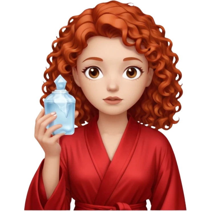 Cartoon emoji of a girl with voluminous curly red hair, fair skin, warm brown eyes. Wearing a chic milky silk robe with long sleeves, no makeup. Portrait mode, holding a ice cube for face skin care, looking doubtful and unsure. Smooth, simple, stylized." emoji