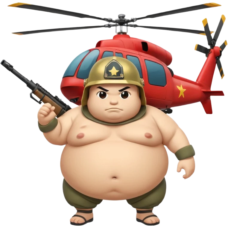 A fat sumo fighter holding a RPG with a army helmet and he’s hanging off a side of a helicopter  emoji