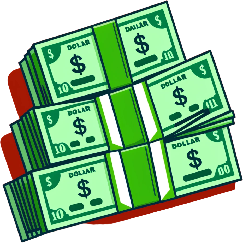 green upward arrow next to progressively taller stacks of dollar bill packs wrapped with bands emoji