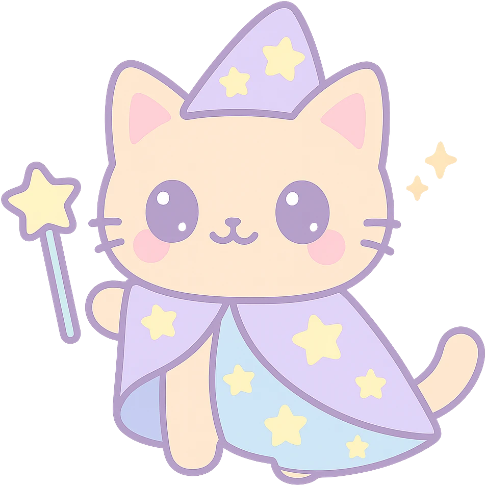 pastel tone kawaii style wizard cat with starry cloak and magic wand emoji