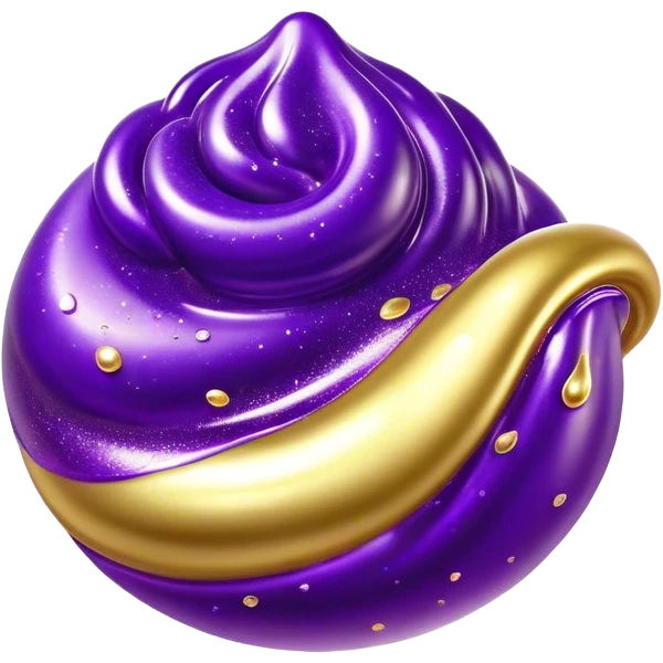 Cinematic Realistic Shiny Slime Mixed with Glitter, thick and glossy with swirling metallic flecks suspended inside, a dynamic mix of deep purple and golden sparkles, light catching every shimmer, flowing smoothly with realistic folds and ripples, glowing with an enchanting, almost liquid-metal effect. emoji