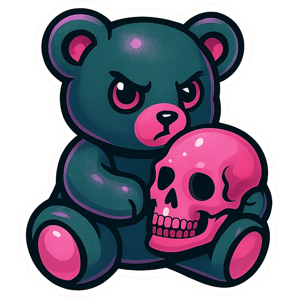 Change to pastel goth colors, keep gothic teddy bear holding a pink skull, retro stickers style, no background. emoji