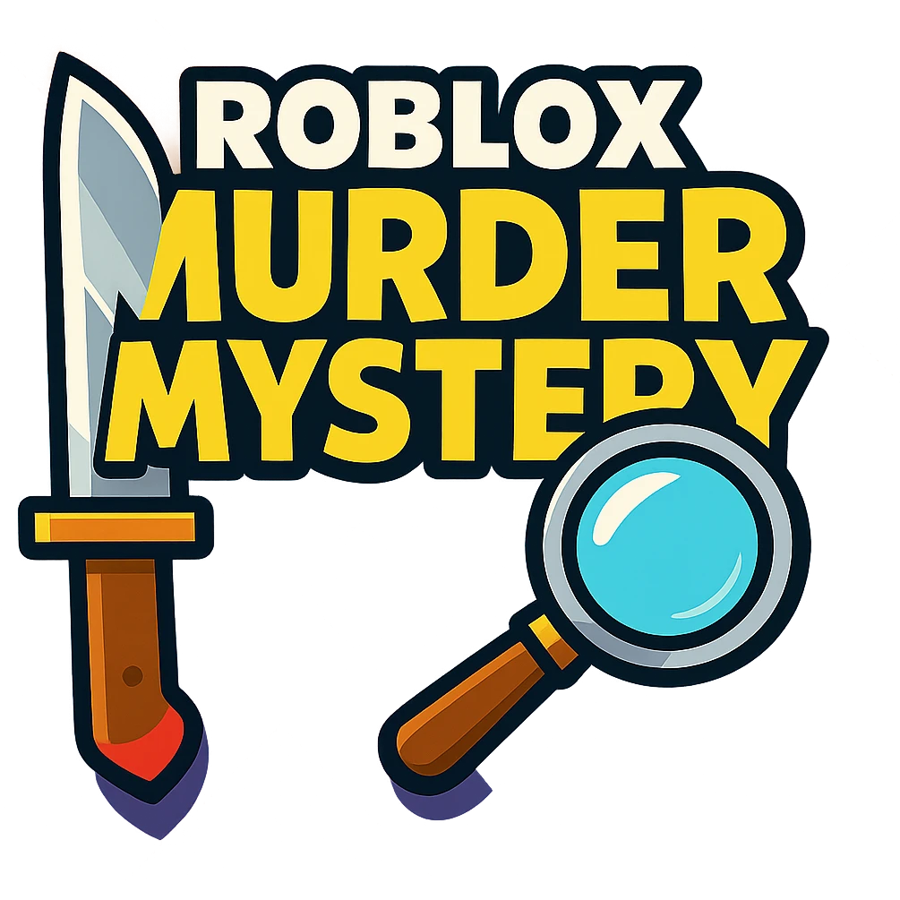 Roblox Murder Mystery logo with bold text, knife and magnifying glass, vibrant toon style emoji