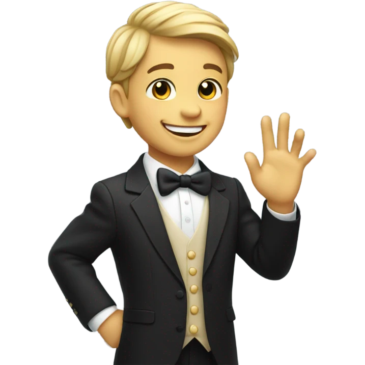 smiling boy in formal attire, waves his right hand Hello! emoji