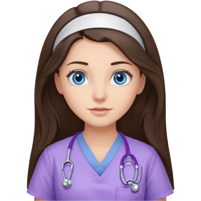 pretty brunette nurse with long hair and blue eyes in lilac scrubs emoji