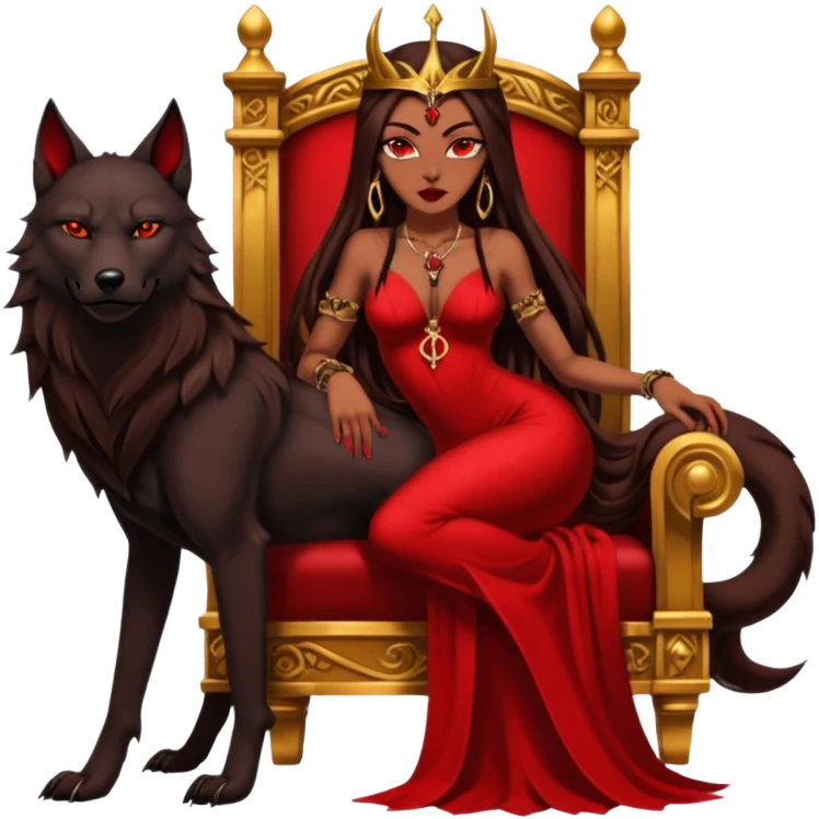 Caramel skin toned Lilith symbol seductress evil brown straight long hair haired, sexy succubus woman with red and black Chanel dress sitting on a Black and gold throne. A large black wolf laying beside her. Tattoos all down her arms emoji
