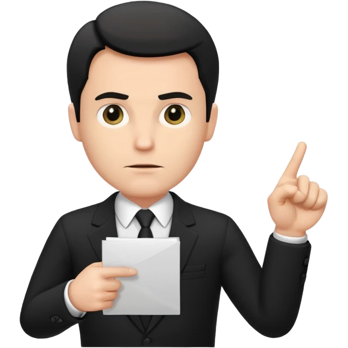 A white man in a black suit stands with a serious face and points at his hand holding papers. emoji