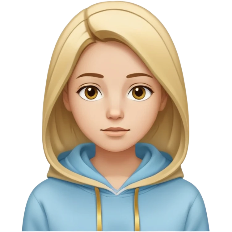 Woman with oval face, straight brown hair with blonde highlights parted to the side, dreamy expression, wearing a light blue hoodie with gold and white accents emoji