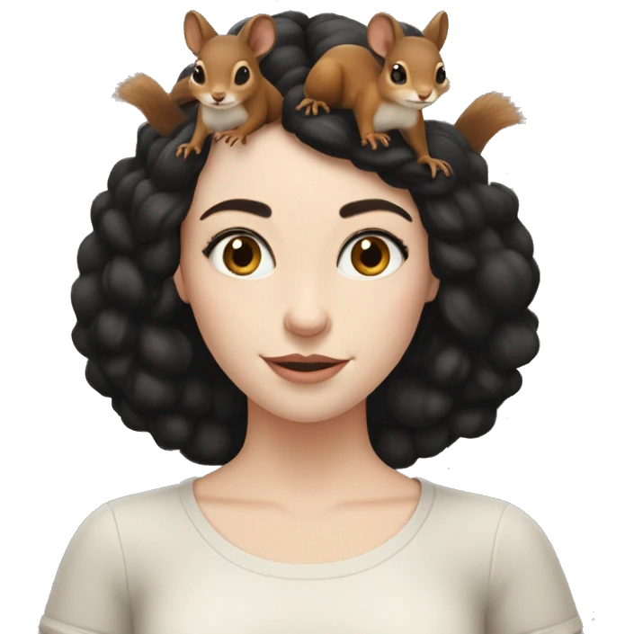 pale skin, black haired girl with squirrels on her head emoji