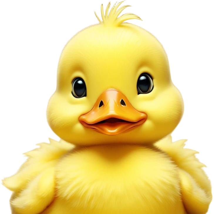 Cinematic Comical Yellow Baby Duck Portrait Emoji, Head tilted dramatically with an exaggeratedly amused expression, featuring a striking, fluffy yellow downy coat with a tiny quirky beak, wide, expressive eyes filled with playful disbelief, Simplified yet hilariously expressive features, highly detailed, glowing with a slightly sassy glow, high shine, dramatic yet playful, stylized with an air of cheeky mischief, bright and endearing, soft glowing outline, capturing the essence of a spirited and over-the-top duckling, so meme-worthy it feels like it could peep its way into internet fame instantly! emoji