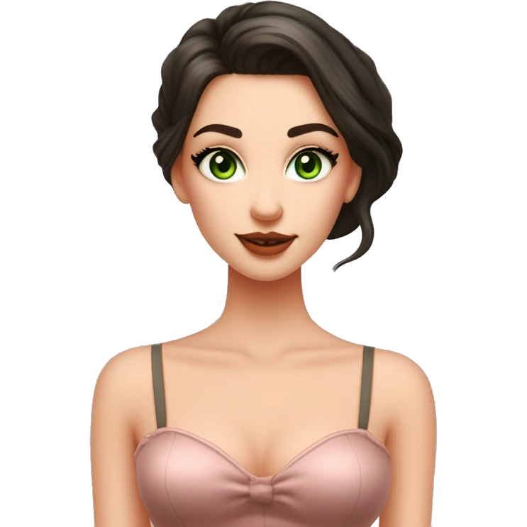 beautiful girl with high cheek bones orange blush, long straight shiny dark brown hair, big green eyes and big pale pink lips. Long thick eyelashes. Wearing a cream bustier.  She is smirking emoji