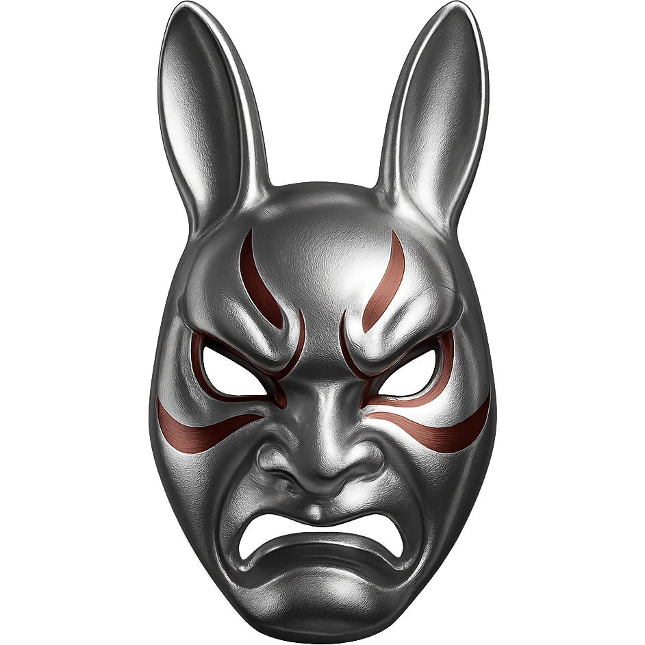 stylized usagi rabbit kabuki mask, red and white, angry expression, shiny chrome look emoji