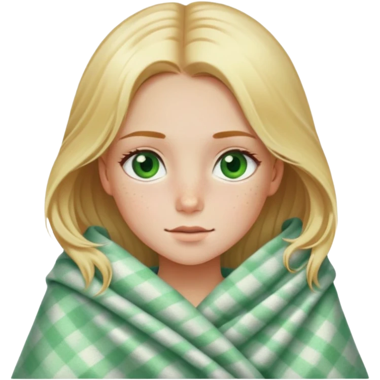 Beautiful girl with and blonde with green eyes and freckles wrapped in a blanket emoji