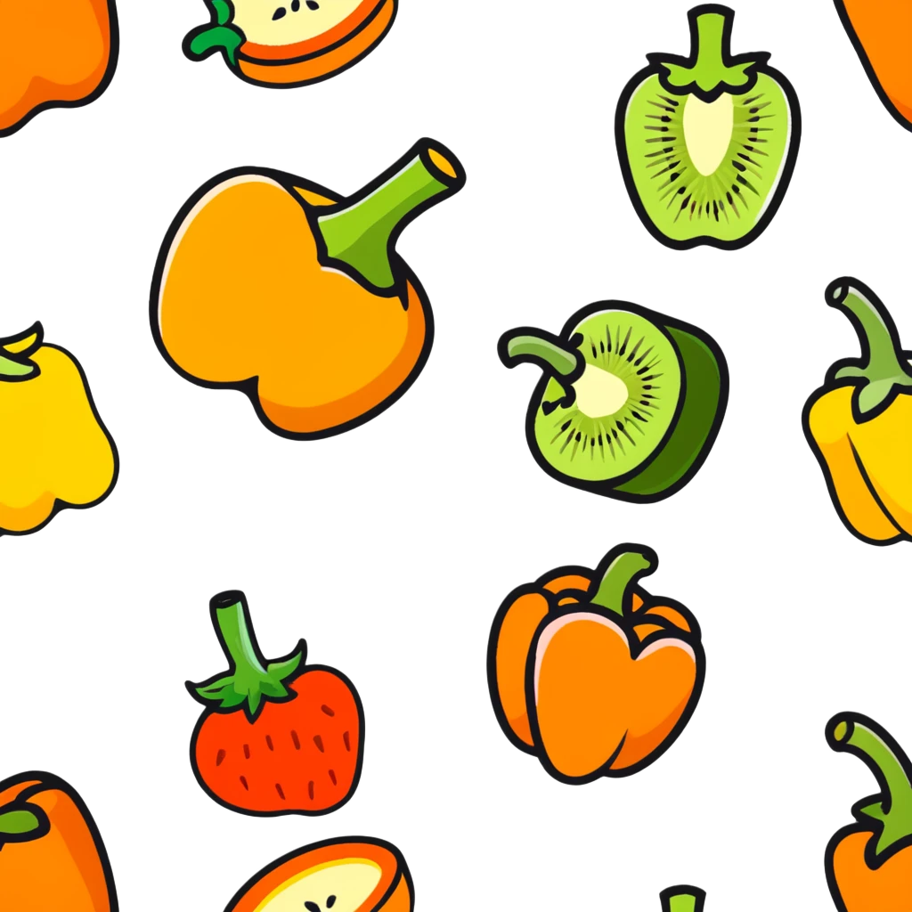 Various vitamin C rich foods: orange, kiwi, strawberry, bell pepper emoji
