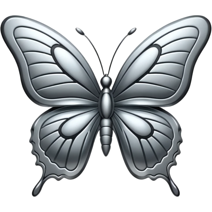 Liquid metal butterfly emoji, silver chrome material, iOS emoji style, smooth curves, reflective surface, elegant and minimal, white background emoji