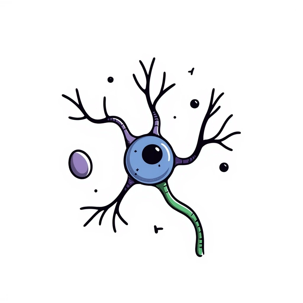 scientific doodle of a neuron with blue soma, branching purple dendrites, green axon with myelin, all encircled by a luminous protective barrier, hand-drawn, detailed, with shield motif emoji