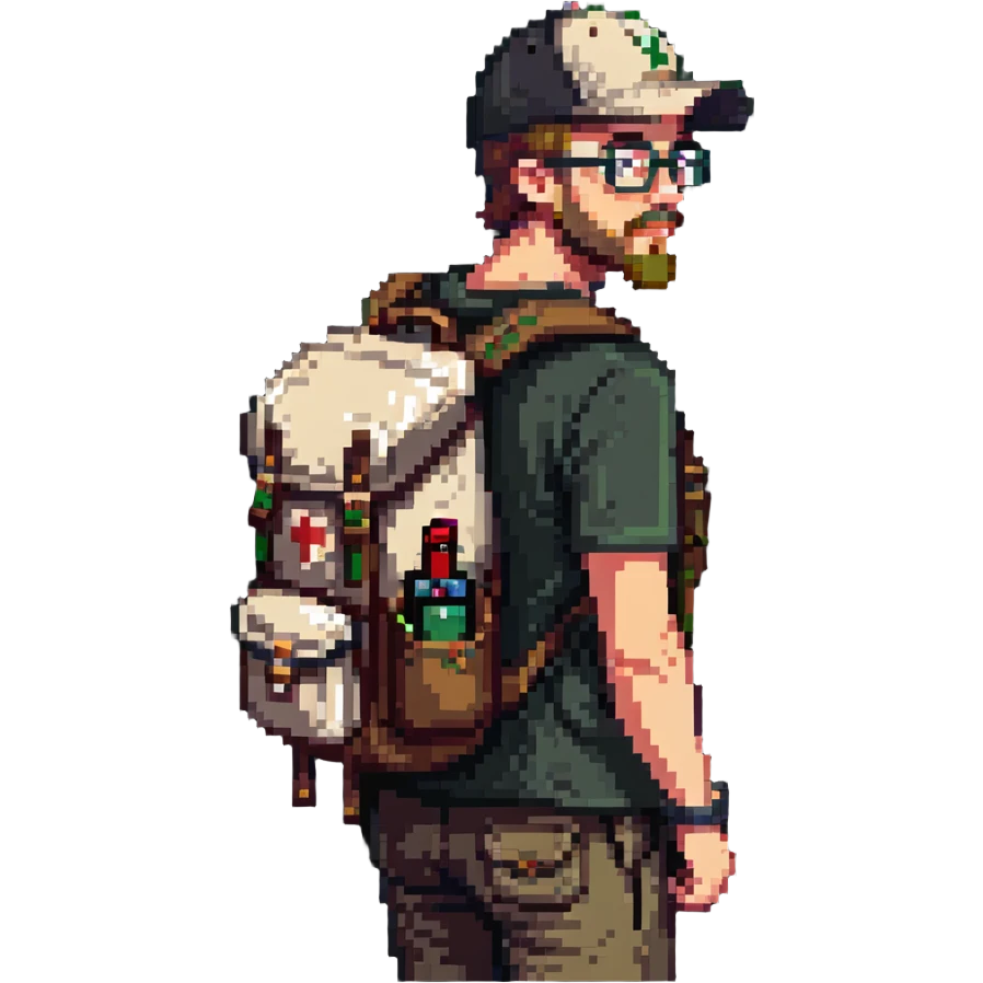 adventurer with goatee beard (no beard on cheeks), short hair, glasses, backwards baseball cap and backpack emoji