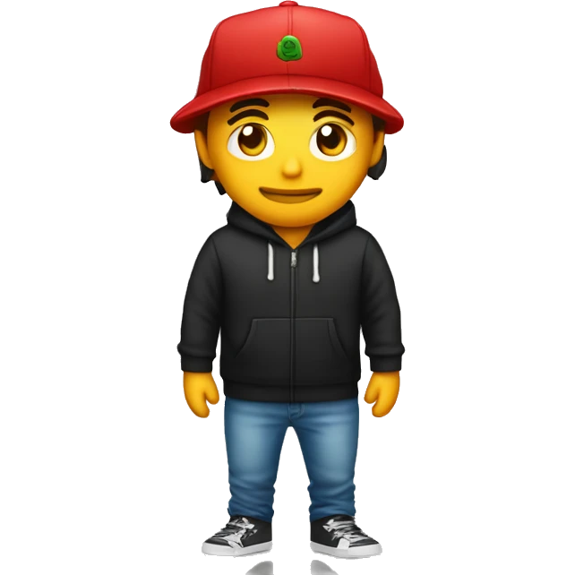hombre con sudadera negra gorra roja y pasaporte en la mano emoji