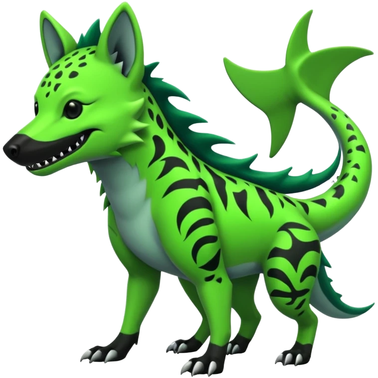 Edgy cool badass Neon-green landhai-sergal-hyena, with a shark tail, with black and dark-green swirly patterns markings emoji