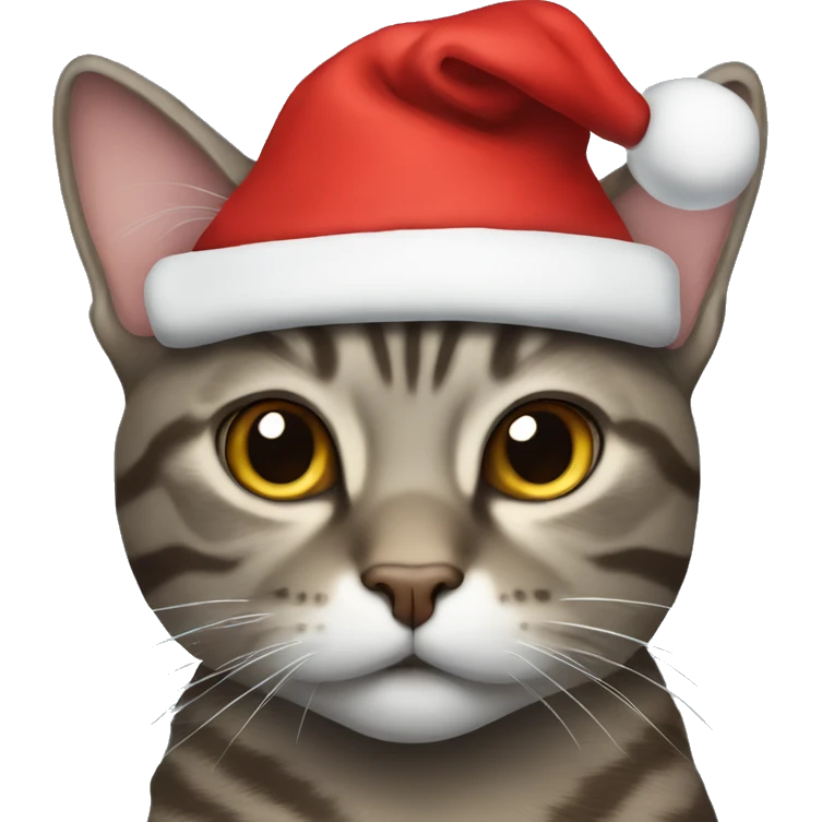 Grey-brown tabby cat wearing santa hat emoji