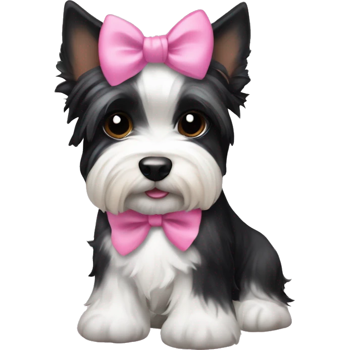 Black and white Biewer Terrier with pink bow between ears  emoji